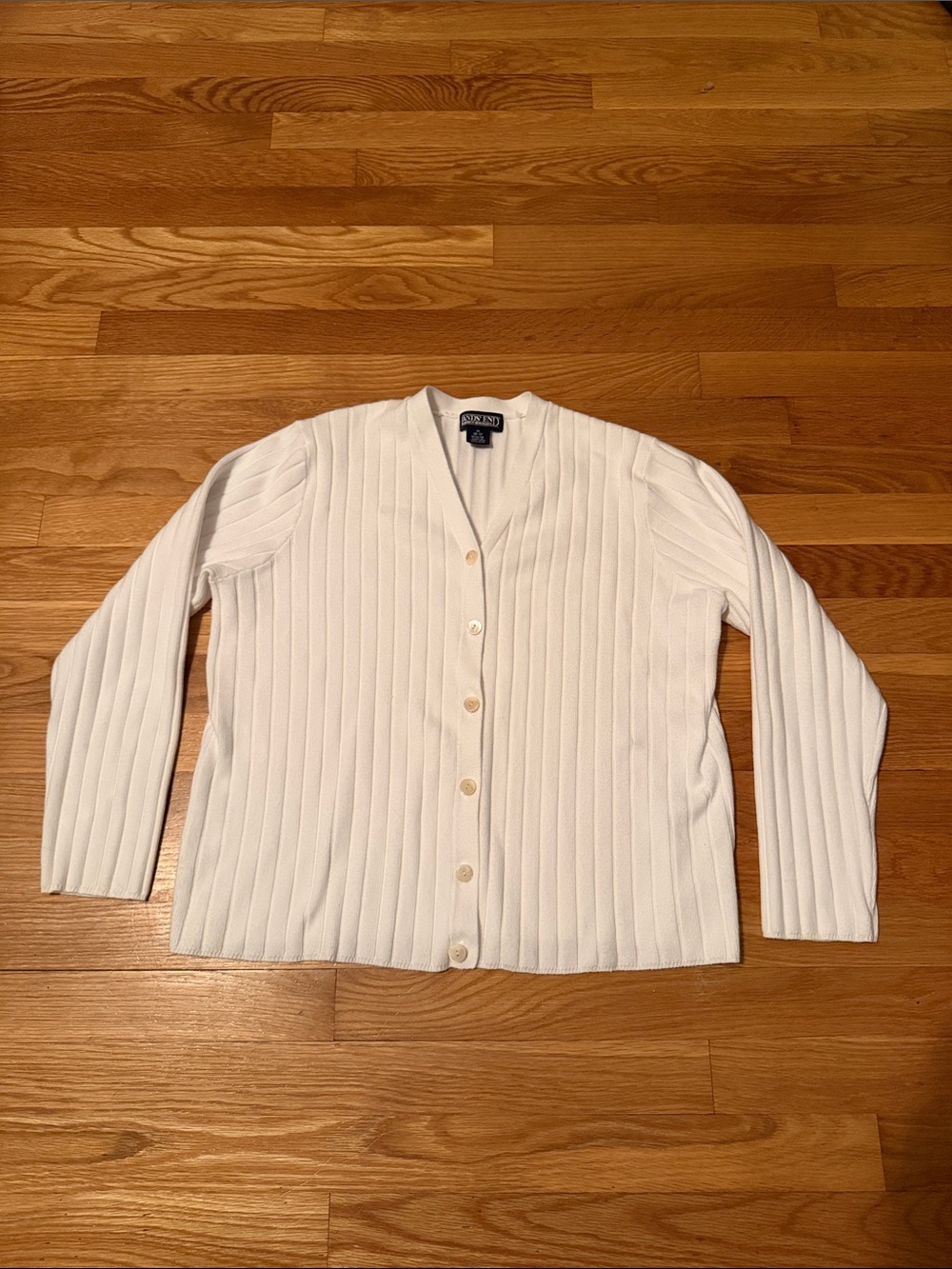 Lands' End White Ribbed V‑Neck Button Cardigan